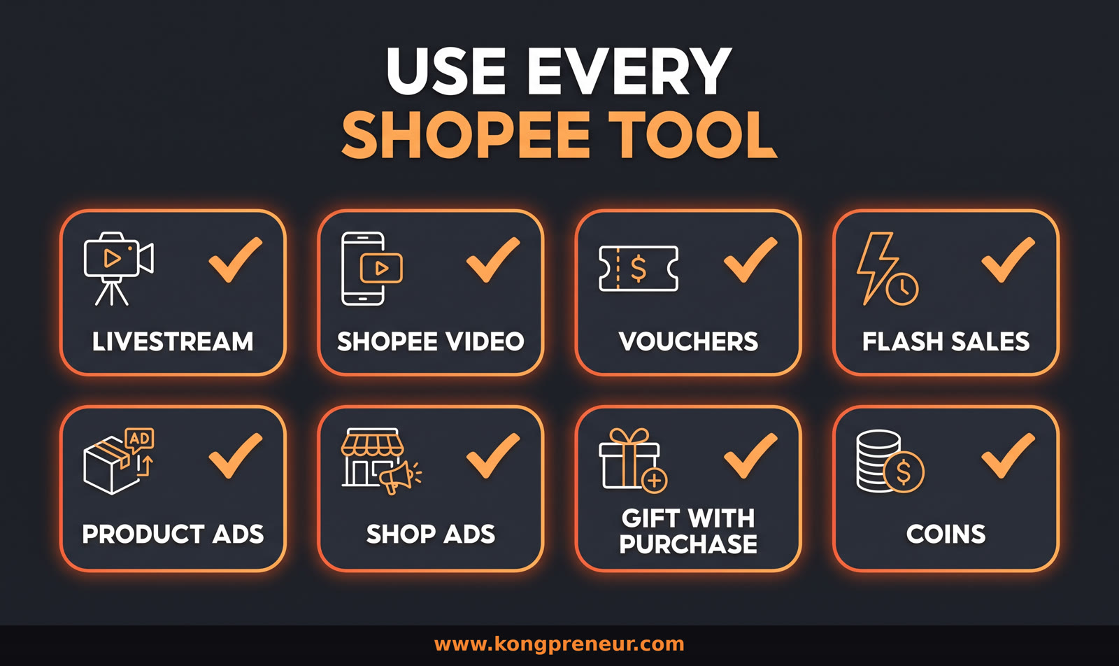 Use every Shopee marketing tool - livestream, Shopee Video, vouchers, flash sales, ads, coins