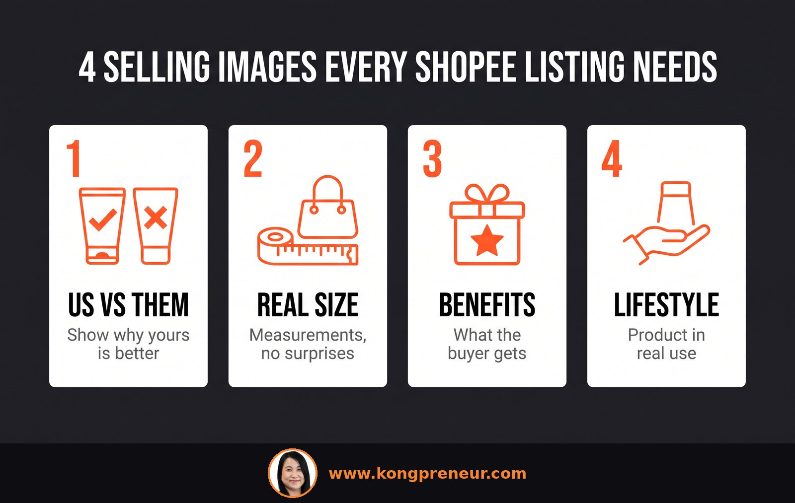 4 selling images every Shopee listing needs: us vs them, real size, benefits, lifestyle